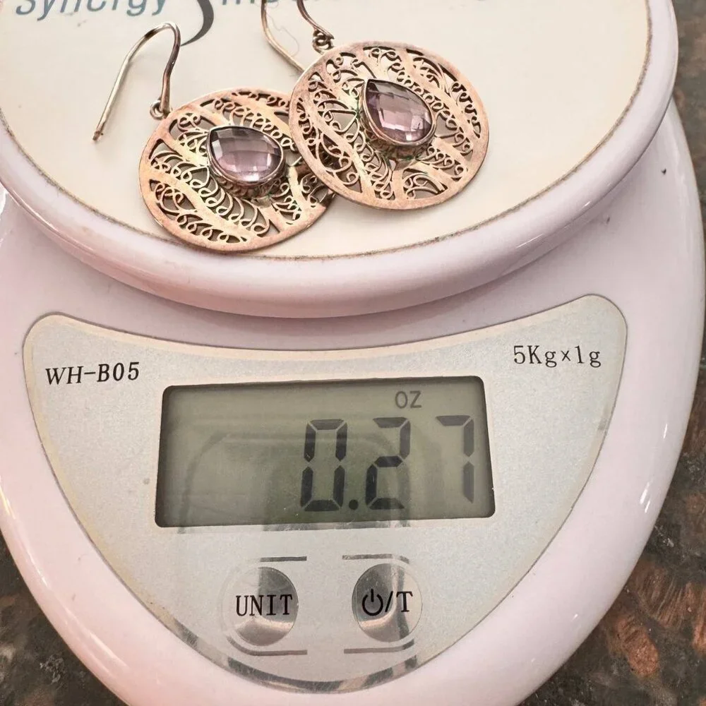 Vintage Boho Sterling Silver Filigree Drop Earrings with Pear-Cut Amethyst Accen